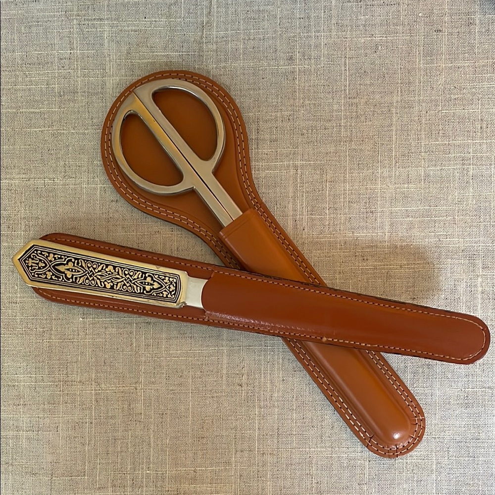 Scissors and Letter Opener in Leather Holders